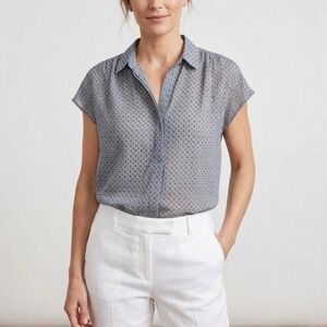 Max Studio Blue Geometric Tile Print Chiffon Short Sleeve Blouse Medium 3701D37